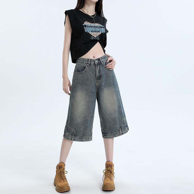 Inverted Hem Wide-Leg Six-Point Jeans - Trendy, Loose, Cool Mid-Length Pants