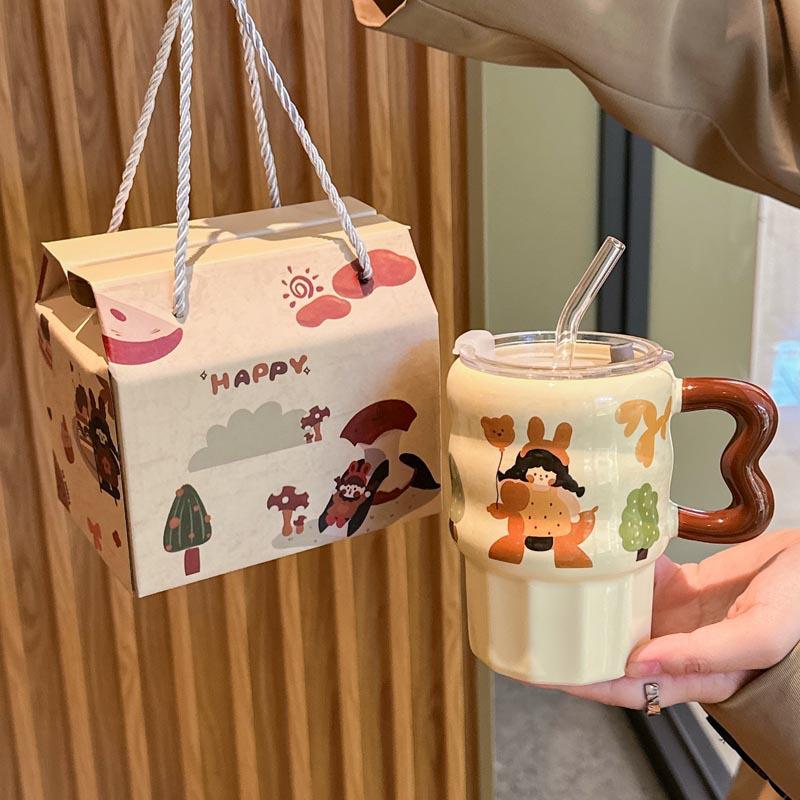 Birthday gift for girls, retro girl straw ceramic cup, cute mug with lid, girlfriend's souvenir gift box.