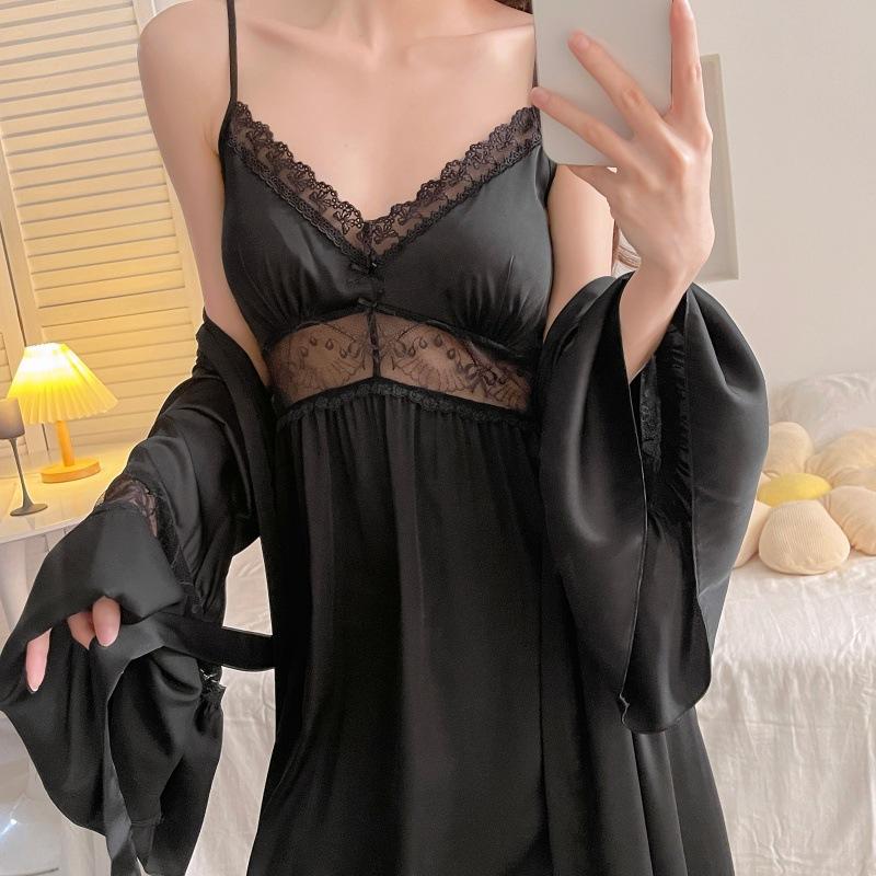 Satin texture silk nightdress new lace sexy ice silk elastic nightgown women's suspender skirt set long nightdress