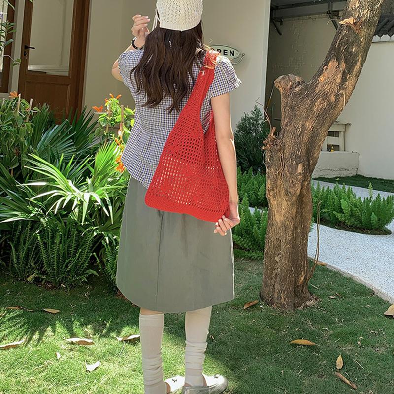Yogodlns Korean Style Hollow Out Knitted Weave Bag Solid Color Vacation Style Knitted Shoulder Bag Handbag Braided