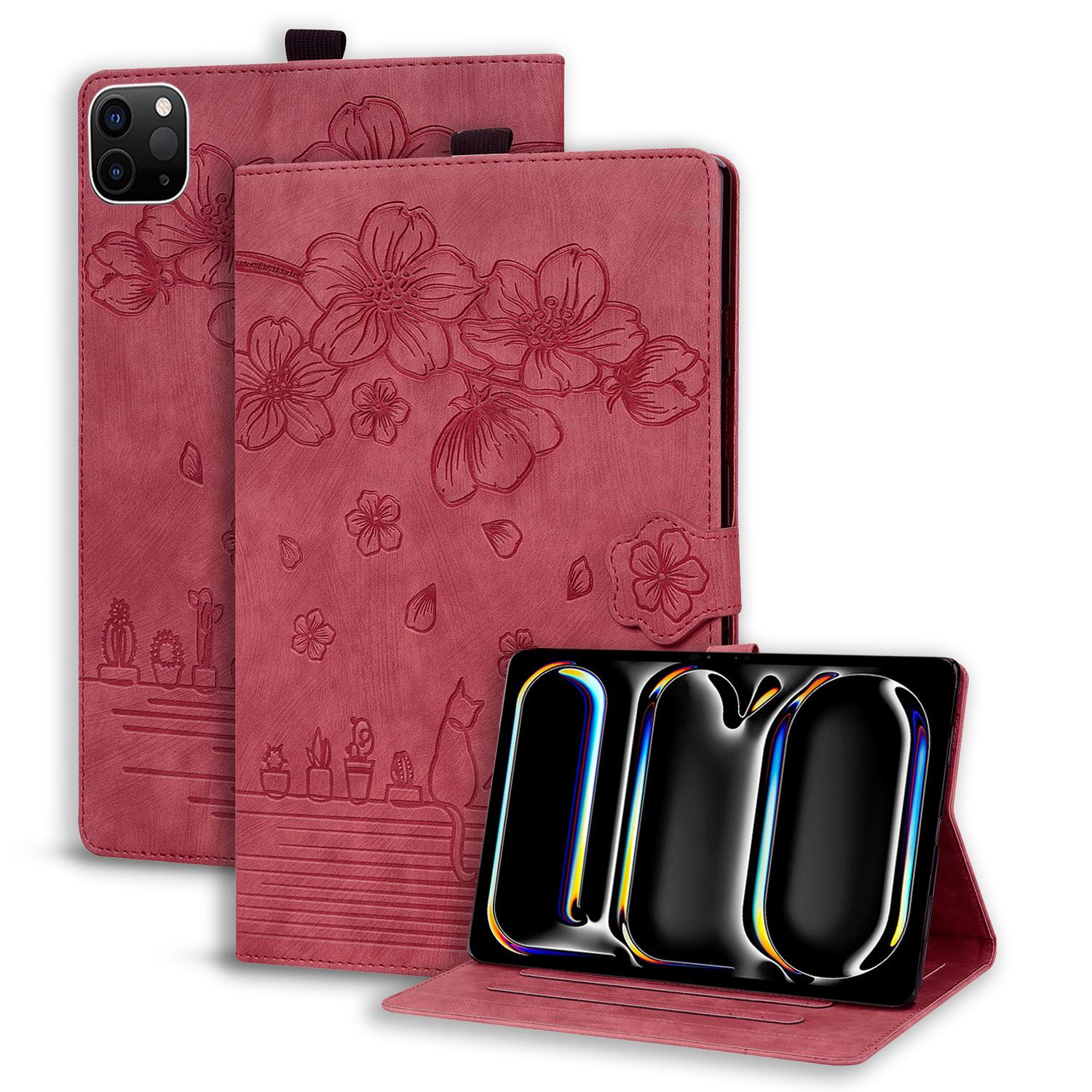 

For iPad Air 13 (2025)/(2024) Pro 12.9 (2020)/(2021) Case Flower Cat Pattern Leather Smart Tablet Cover Wine Red
