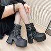 9CM Mid-Calf  High Platform Chunky Heels Trend Punk Gothic New Rock Leather Fashion Women's Boots Motorcycle Footwear Size 42