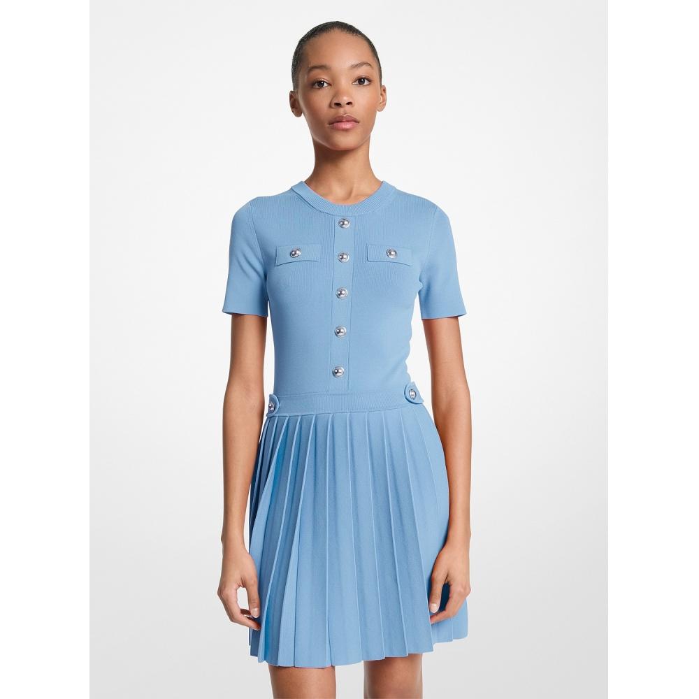 

Michael Kors Stretch Knit Pleated Mini Dress Jt583325zv3463 Shore Blue XS