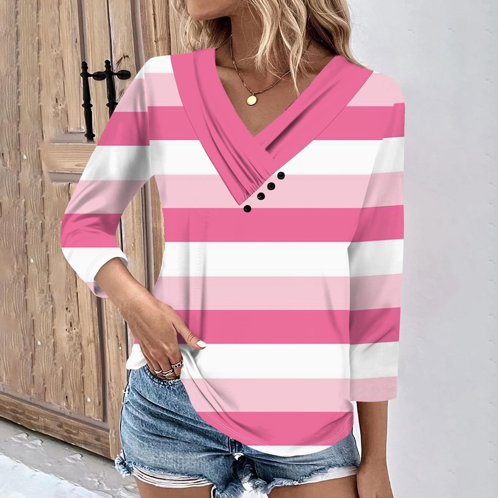 

Женские повседневные футболки с рукавом 3/4 для выходных с V-образным вырезом и принтом, свободные плиссированные футболки, женская блузка L розовый
