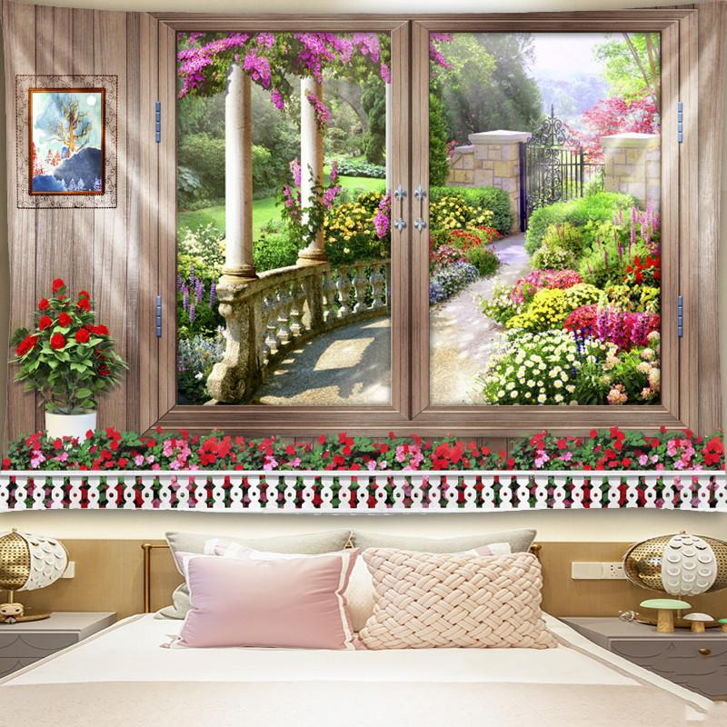 Simulation window tapestry forest mushroom tapestry scenery wall hanging flower mural art bedroom home decoration