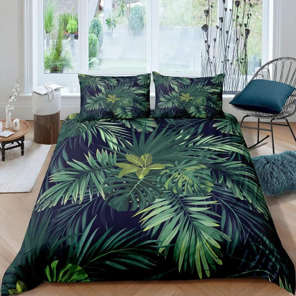 Palm Leaves Duvet Cover King Full Banana Leaves Bedding Set Hawaiian Tropical Leaves Green Branches 2/3Pcs Polyester Quilt Cover
