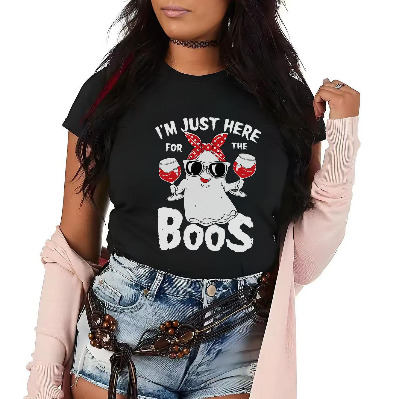 

Halloween BOO red wine glass cartoon printed short sleeved round neck versatile fashion Womens Tshirt for spring and summer S