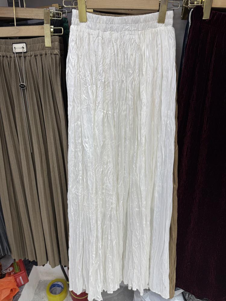 Women's 2026 Spring Textured Pleated Skirt - High Waist, Large Hem, Long Length, Simple Style