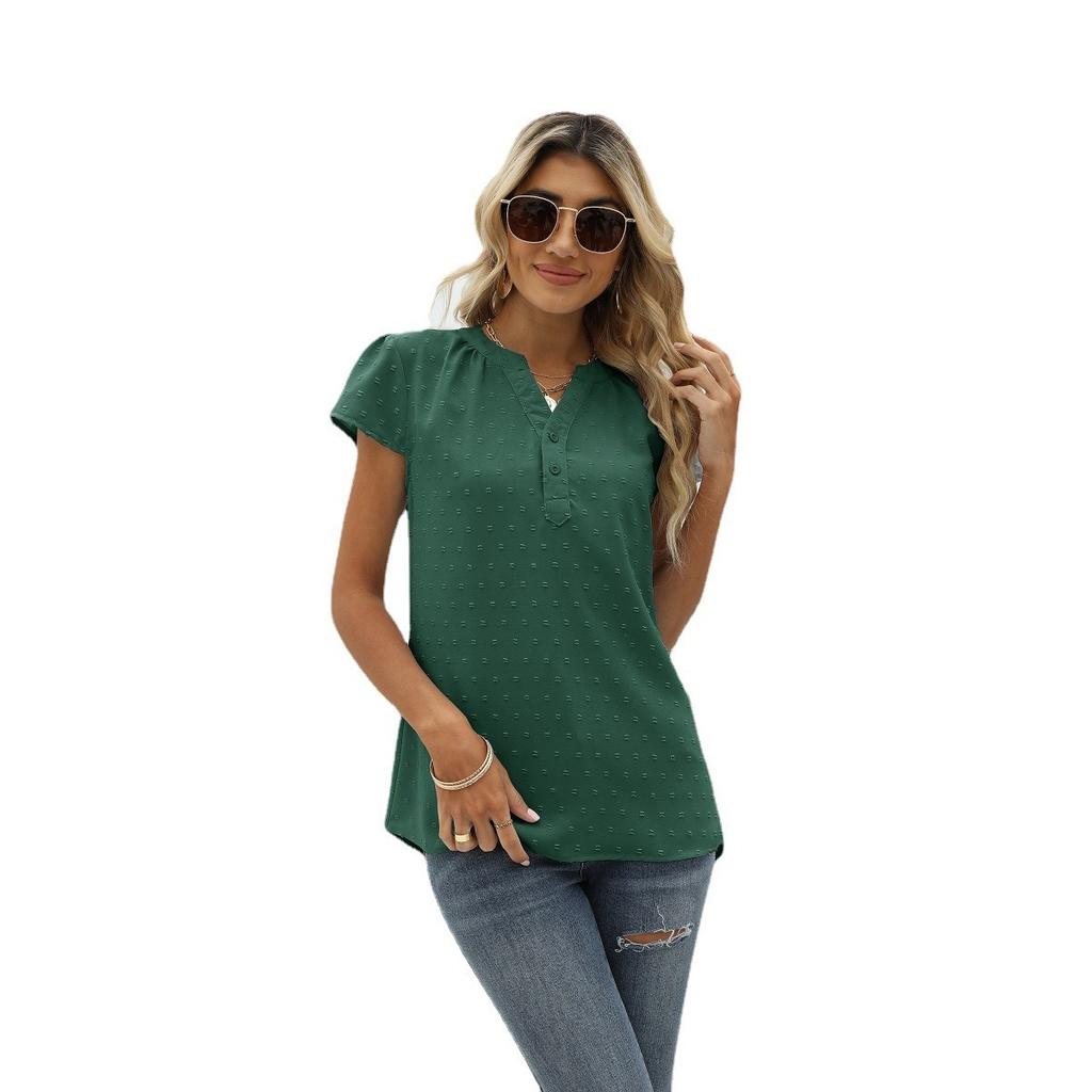 Summer Women's Solid Textured Chiffon Blouse, Loose V-Neck Pullover Short Sleeve Top, European & American Style Casual Top