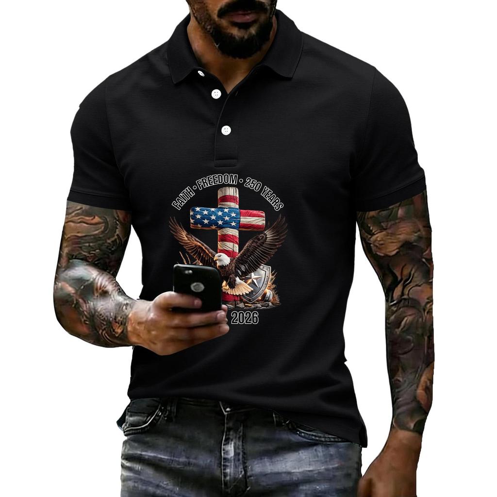 Men's Loose Fit Casual Short Sleeve Polo Shirt with Patriotic Graphic Print 250 Years Commemoration 1776-2026 Cotton Blend Comfortable Design