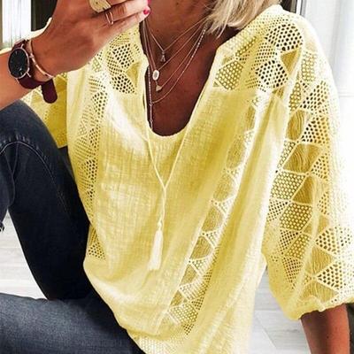 Bluzki damskie letnia moda białe koszule damskie U-neck rękaw 3/4 bawełniana koszula dorywczo luźna koronkowa szyta bluzka ubrania 24294