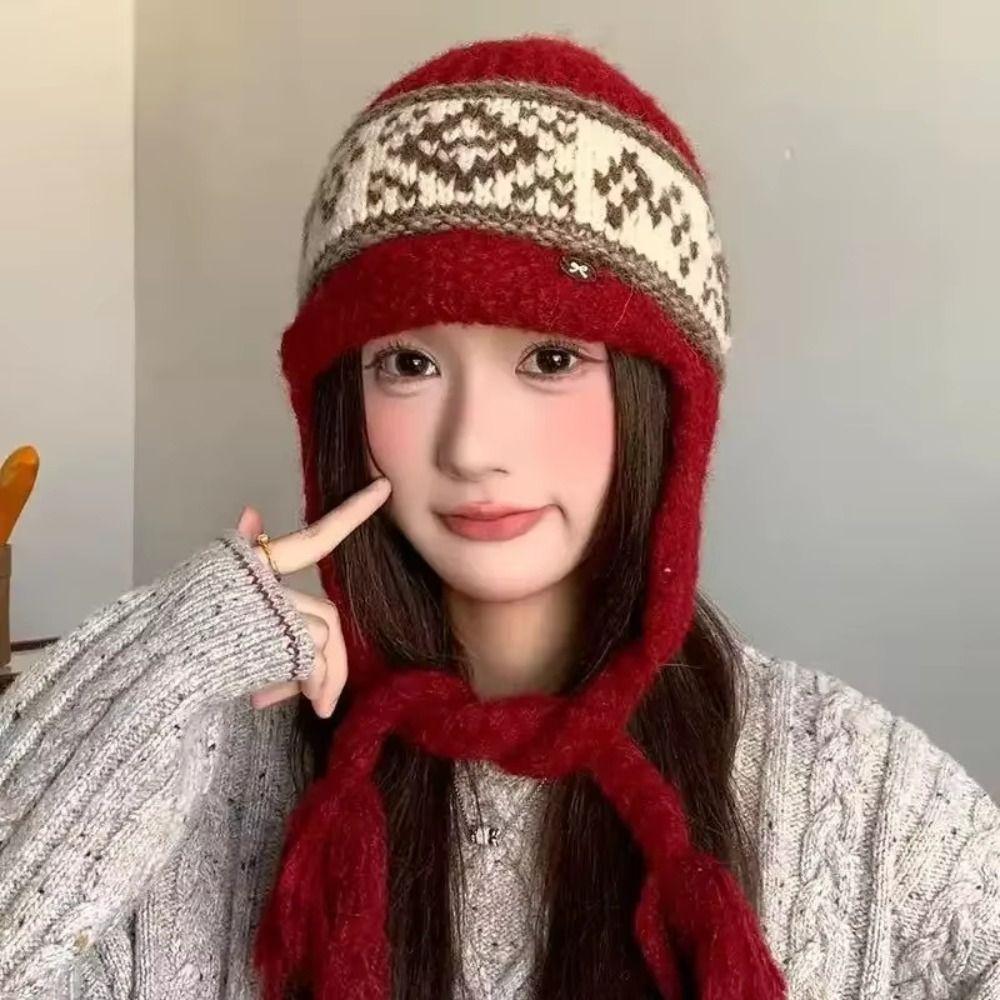 Korean Style Fair Isle Earflap Hat Woolen Ear Cap Cute Jacquard Knitted Hat Girls