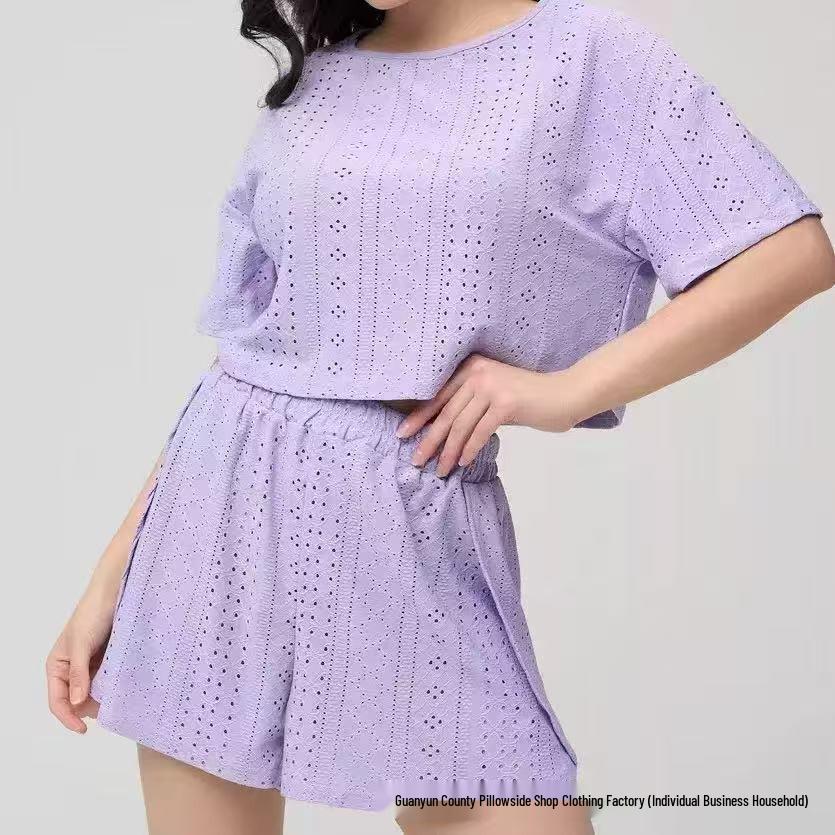 2025 European & American Solid Color Hollow Out Pajama Set - Plus Size Women's Summer Short Sleeve & Shorts