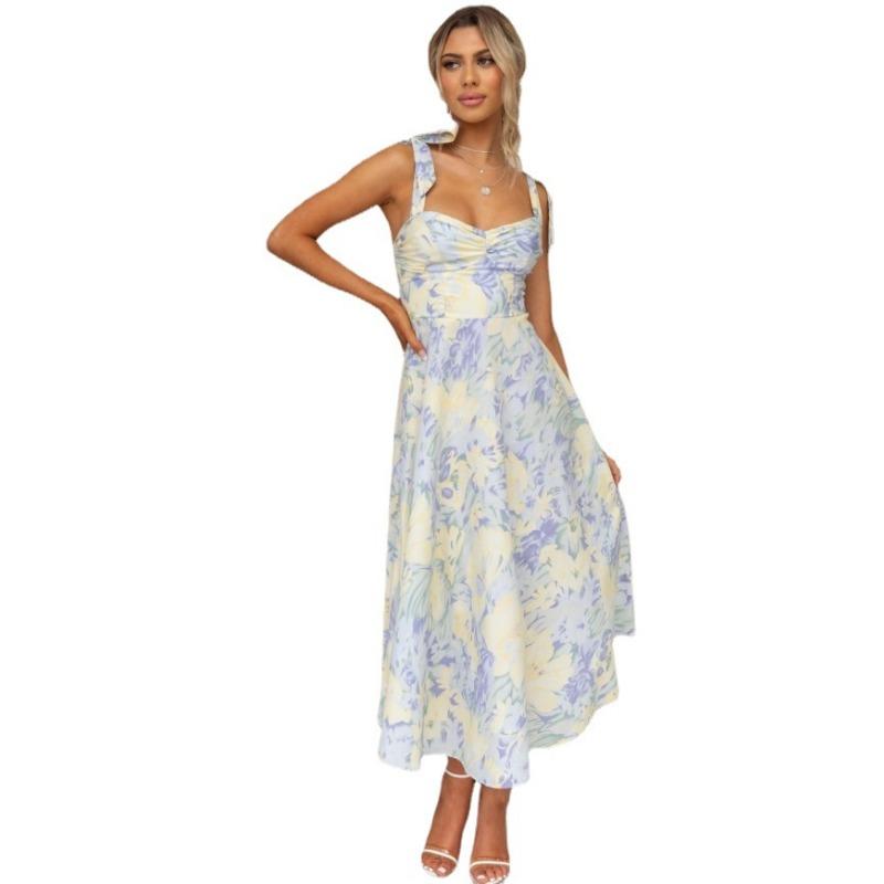 Summer Women's Dress Slim Slim Waisted V-Neck Halter Printed Mid-Length Dress