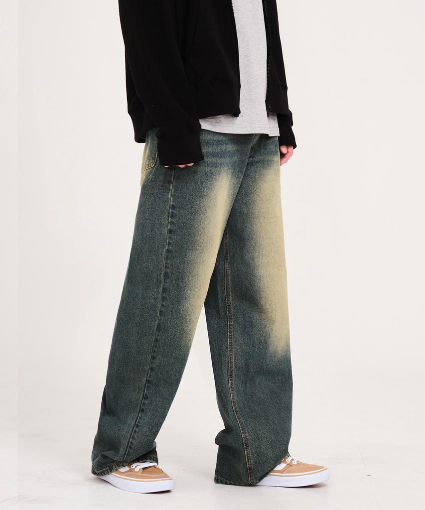 Akeusi Loose Washed Balloon Fit Wide Denim Pants Unisex (Yellow-Blue)
