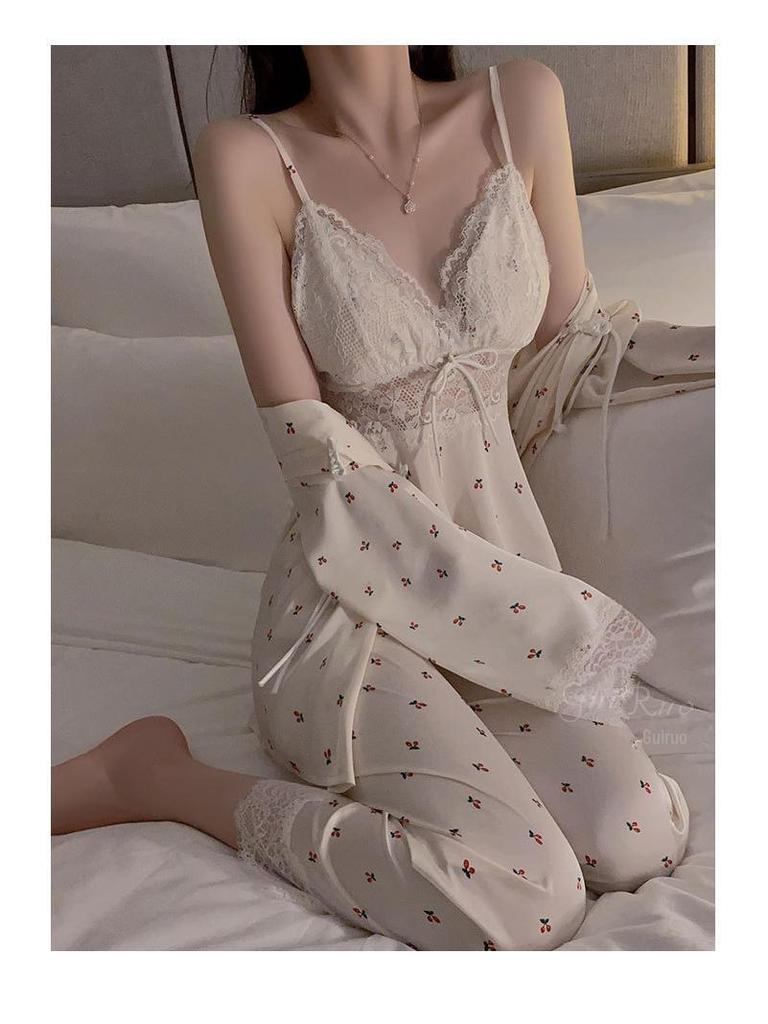 Guiruo Satin Lace Deep V Trousers with Chest Pad & New Chinese Style Outer Robe 