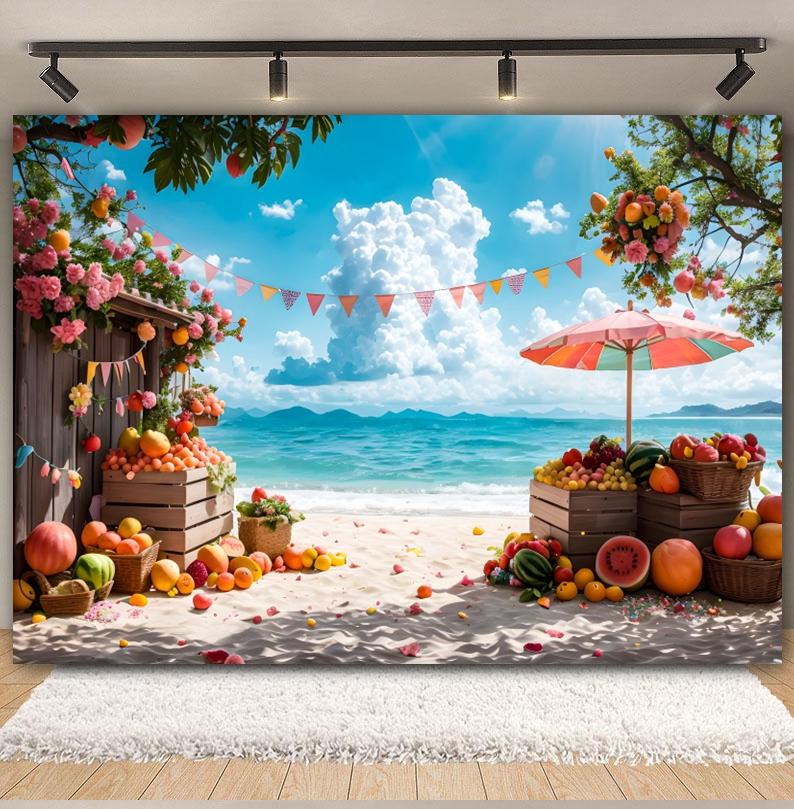Summer Seaside Fruit Beach Palm Tree Theme Banner Background, Holiday Camping Party Decoration Photography Studio Backdrop Cloth