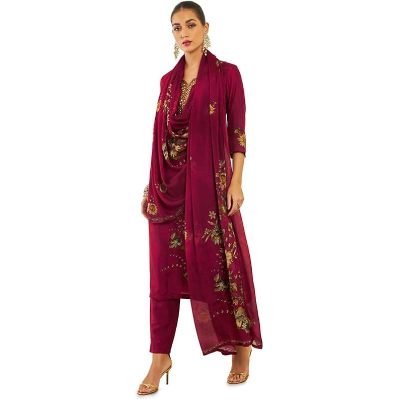 Soch Womens Maroon Silk Blend Suit Set with Floral Print and Hand Embroidery