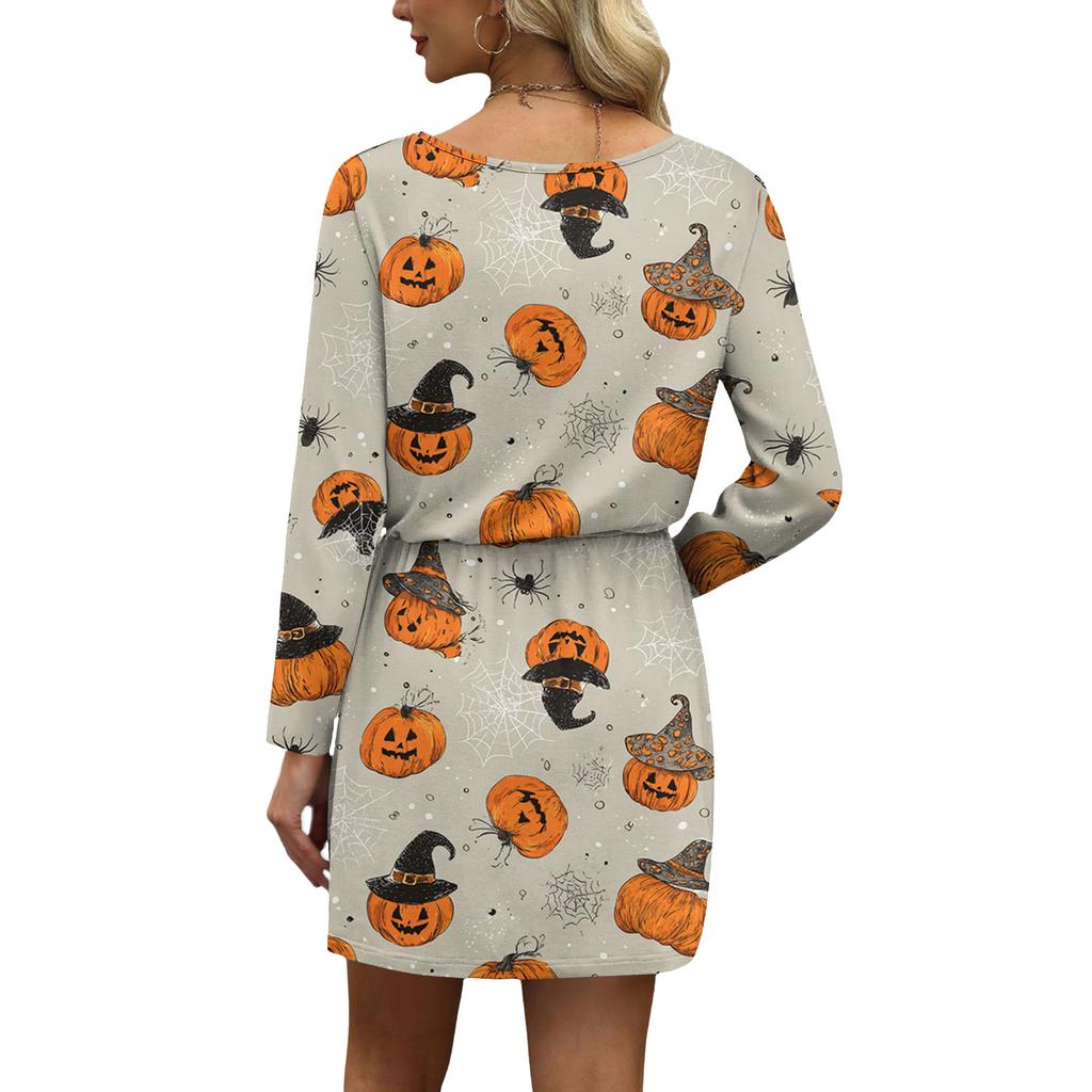 Women's Fashionable V-neck Long Sleeved Drawstring With Pocket Halloween Printed Casual Dress
