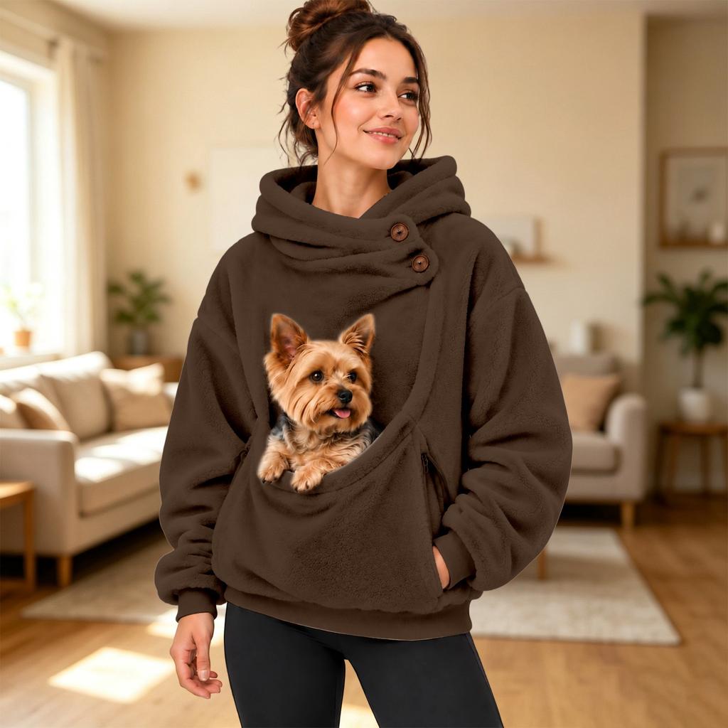 Women's Color Hooded Sweatshirt with Plush Pet Pouch, Loose Fit Zip Pullover Top for Casual Wear
