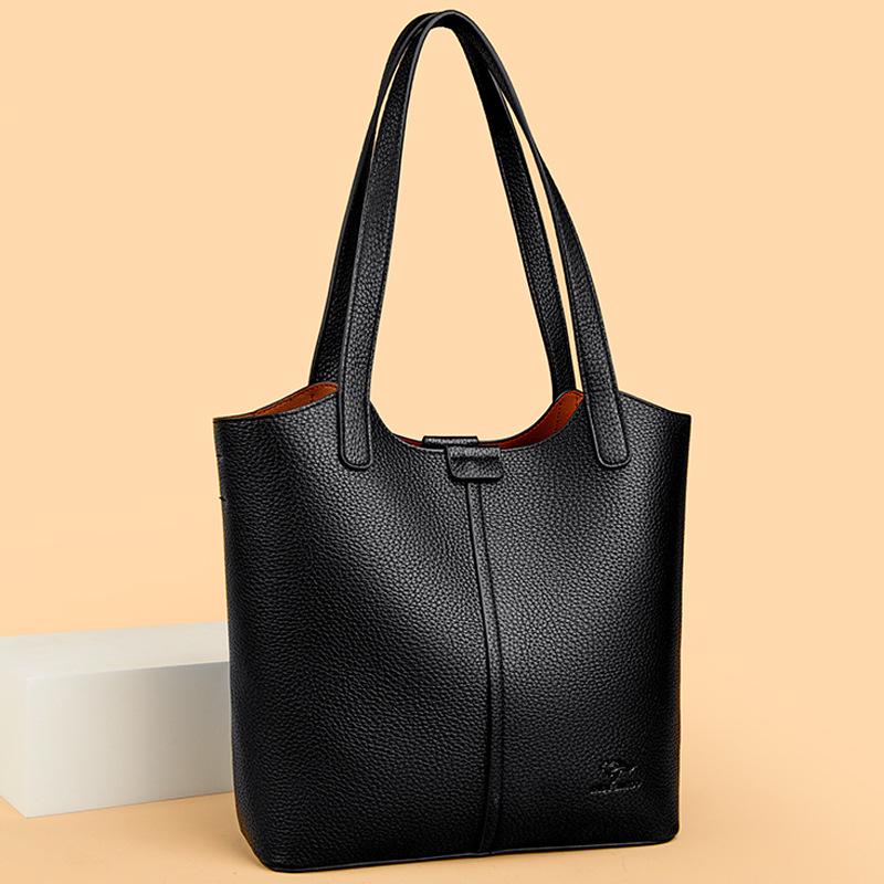 Women's Soft Leather Tote Bag - Stylish Simple Solid Color, Large Capacity, Single Shoulder for Work and Commute.