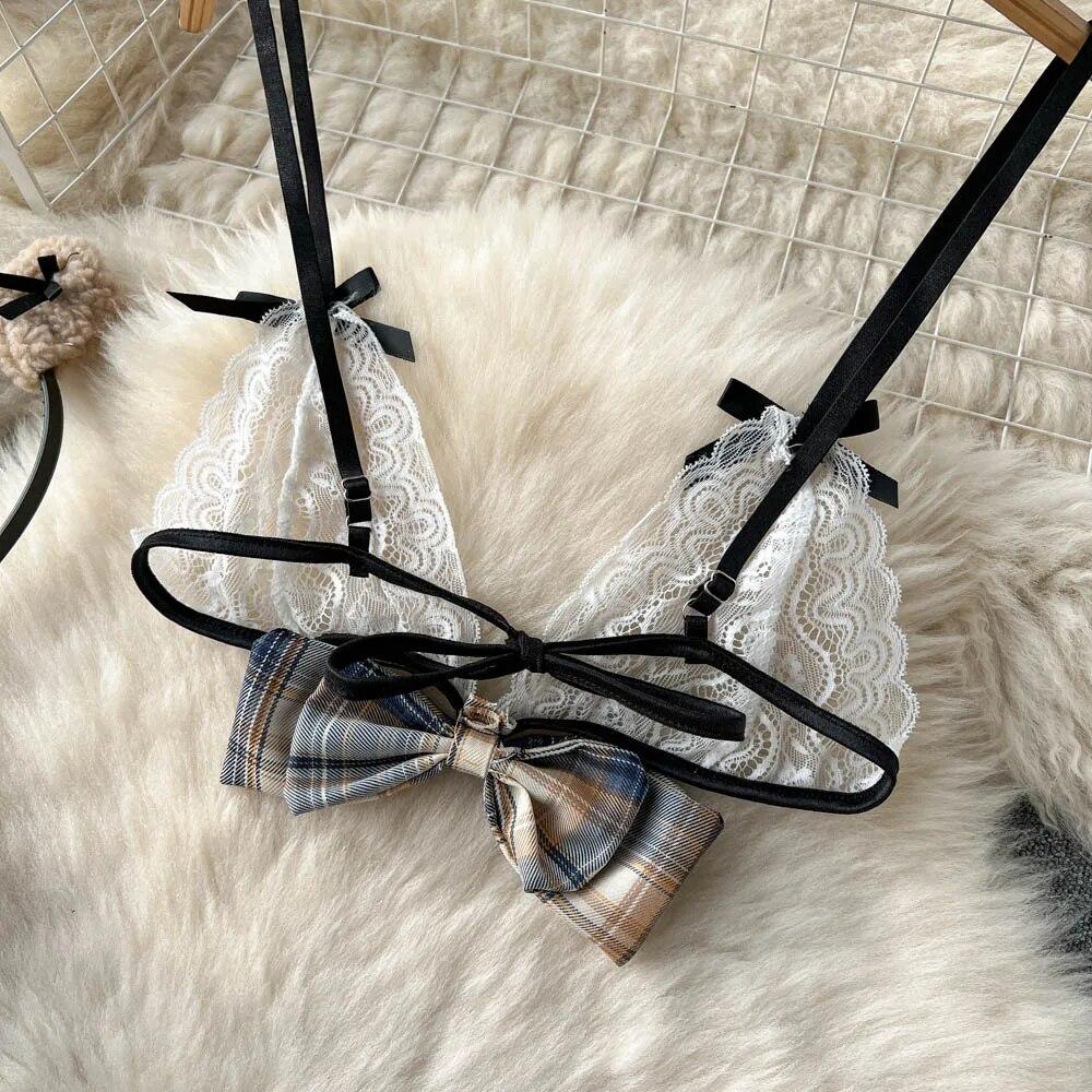 Sexy Plaid Japan Style Erotic Sets Women Pleated Short Skirt + Bow Strapless Lace Camis Female Sweet JK Uniform Lingerie Suits 2024