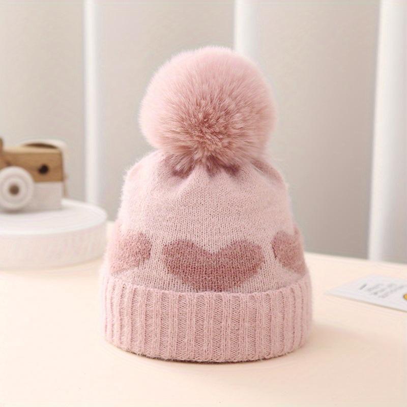 Heart Pattern Knit Beanie, Warm Pullover Knitted Hat for Newborn 3-24 Months Baby Girls