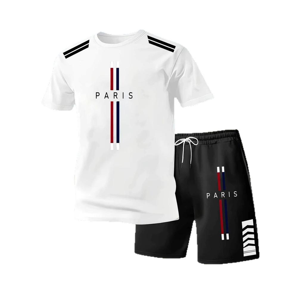 Herren Sport-Set aus schnelltrocknendem Mesh: Paris Letter Print T-Shirt & Shorts für Laufen & Fitness
