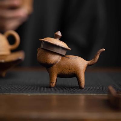 Figurine Chat Animal de Compagnie en Céramique Vernissée Vintage Accessoire pour Service à Thé Gongfu Décoration Cultivable Cadeau