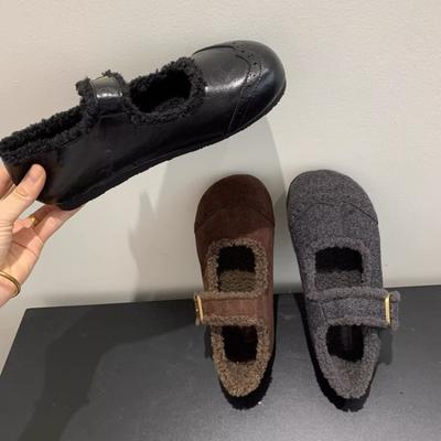 Grey Mary Jane Fluffy Shoes for Women Wearing New Winter Plush Cotton Shoes
