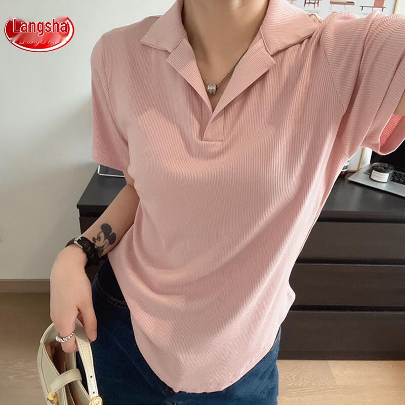 LANGSHA Women's Slim Fit Polo Collar Short Sleeve T-shirt