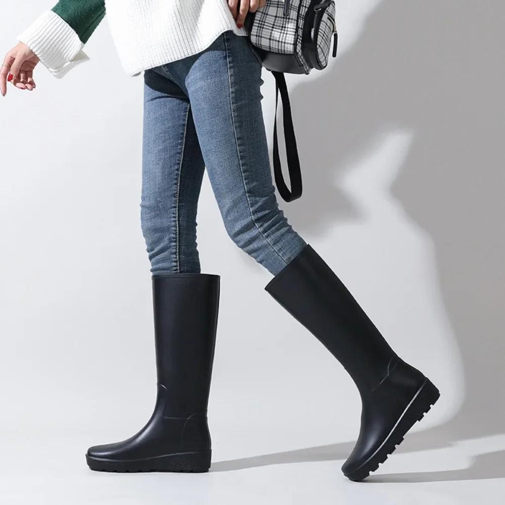 High Tube Women's Rain Shoes PVC Rain Boots with Sloping Heels Soft Horse Boots Long Tube Water Shoes Women's Rubber Shoes
