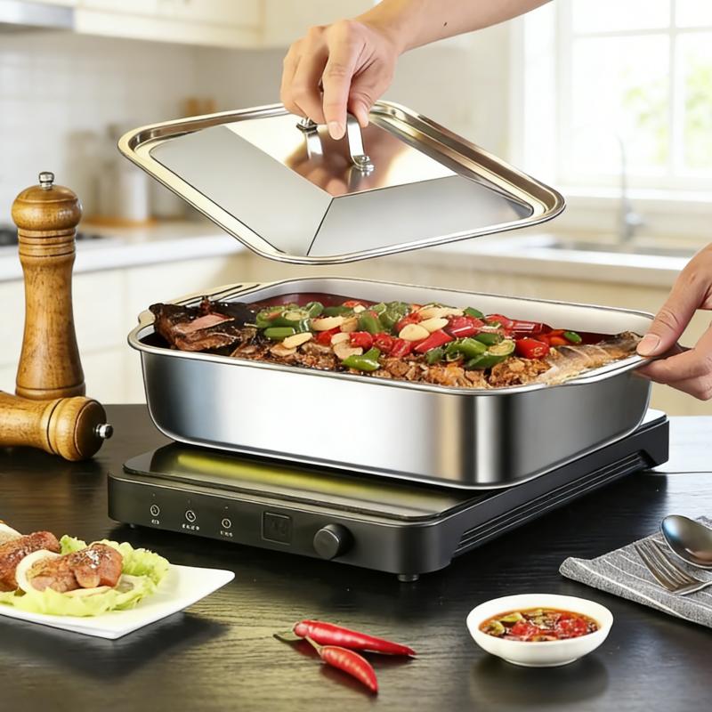 1 Piece Barbecue Tray with Lid, Round Barbecue Grill, Fish Grill Tray, Plate for Grilling Fish with Lid, Thickened Fish Grill Plate, Stainless