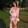 2025 Summer Sexy V-neck Flare Sleeve Ruffle Slit Dress for Women