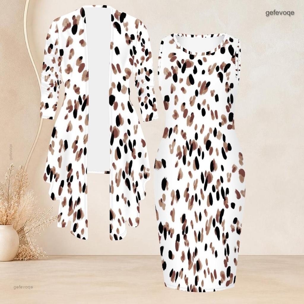 Women Plus Size Striped Printed Two Piece Set 3 4 Sleeve Open Cardigan Sleeveless Crew Neck Bodycon Dress