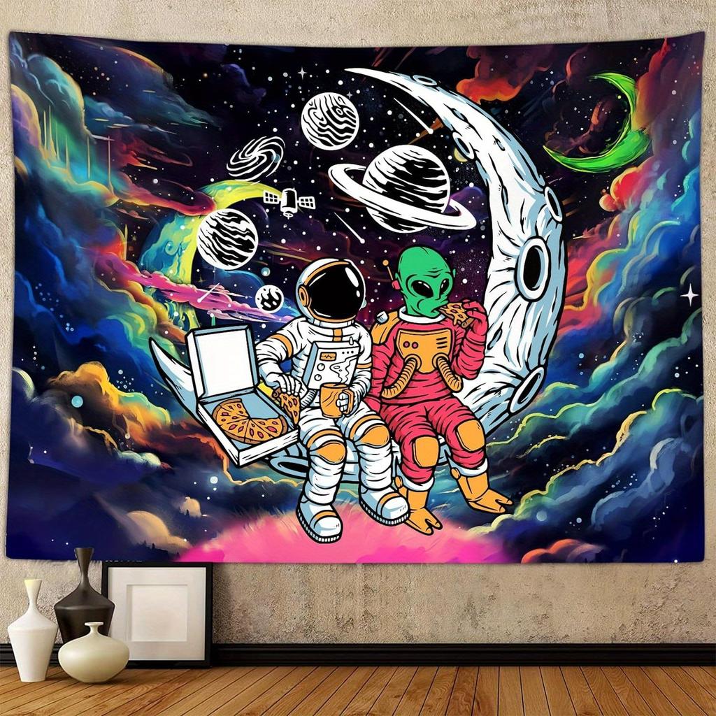 Trippy Astronaut Alien Space Tapestry Cool Galaxy Moon Pizza Print Wall Hanging For Teen Bedroom Dorm Room Decor Multiple Sizes