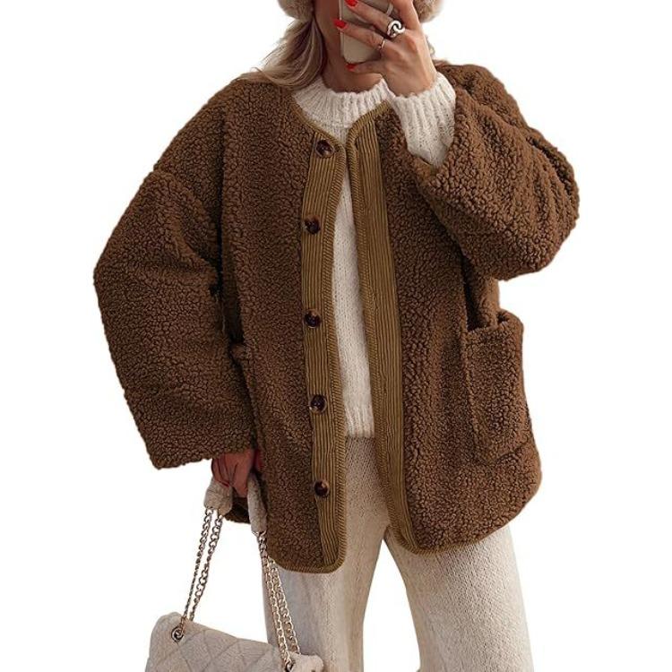 Women's Fleece Long Sleeve Button Front Plush Coat with Contrast Binding Multi Color Outerwear