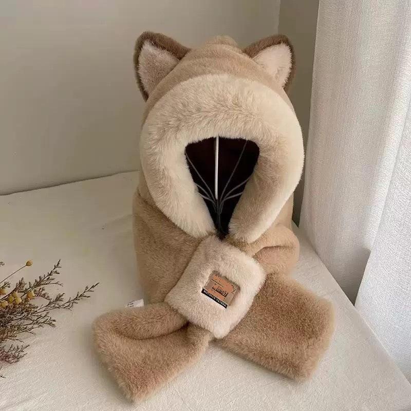Hat and scarf integrated women's winter new rabbit plush cute bear scarf cycling warm cover hat