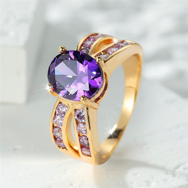 Luxury Female Crystal Blue Stone Engagement Ring Charm Yellow Gold Color Zircon Wedding  For Women 10 фиолетовый