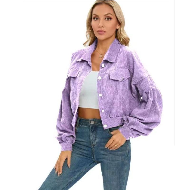 European and American Style Autumn Winter Casual Corduroy Jacket with Lantern Sleeves and Single Breasted Short Coat for Women