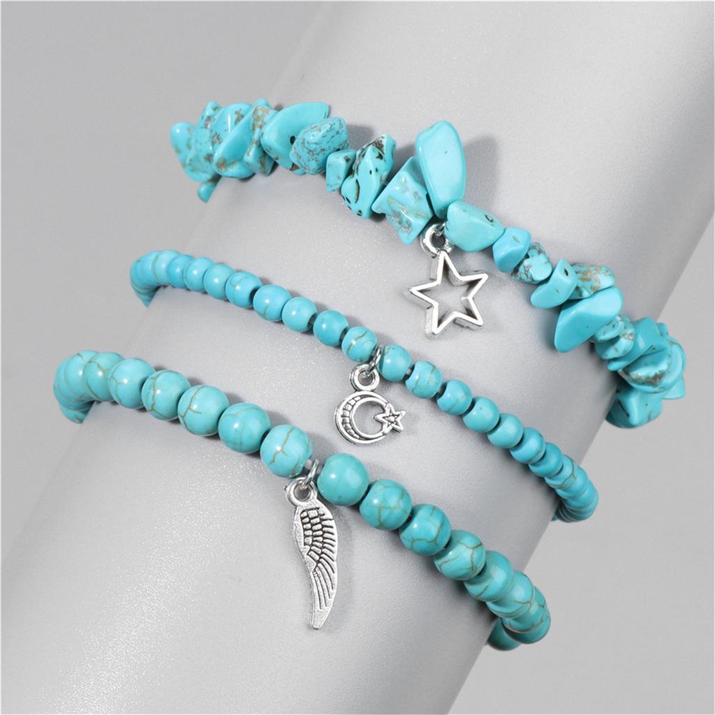 3x Fashionable Star And Moon Pendant Bracelets Set Beaded Wrist Band For Ladies Made Of High Quality Crystal Alloy