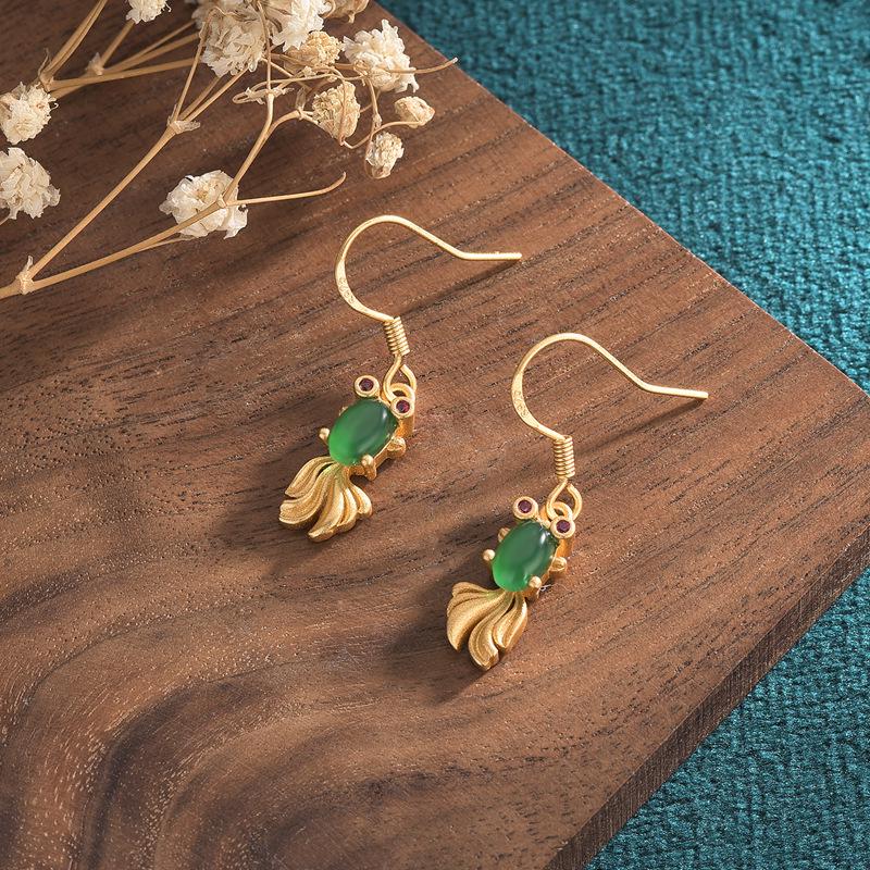 Chinese-Style Gold Plated Koi Fish Earrings: Dangle Design with 925 Silver Needles, Inlaid Natural Chalcedony Agate.