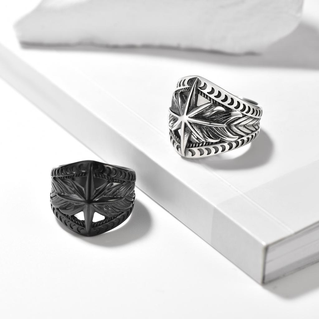 Stainless Steel Crescent Moons Star Rings for Man Woman The Rays of The Sun Ring Size 7-14 Retro Style Couple Jewelry Gift