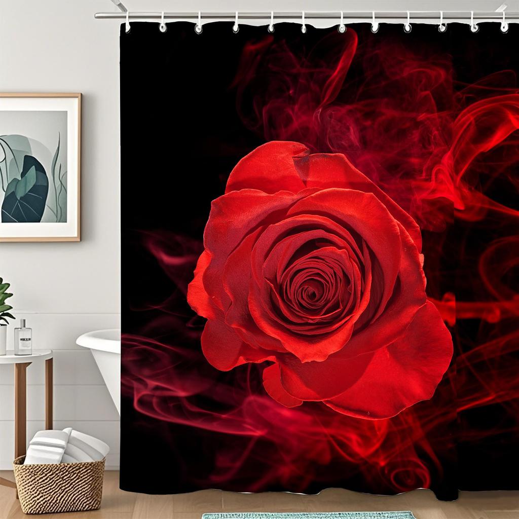 Red Rose Shower Curtain Botanical Floral Romantic Flower Valentine Girls Bathroom Curtain Decor Waterproof Fabric Include Hooks