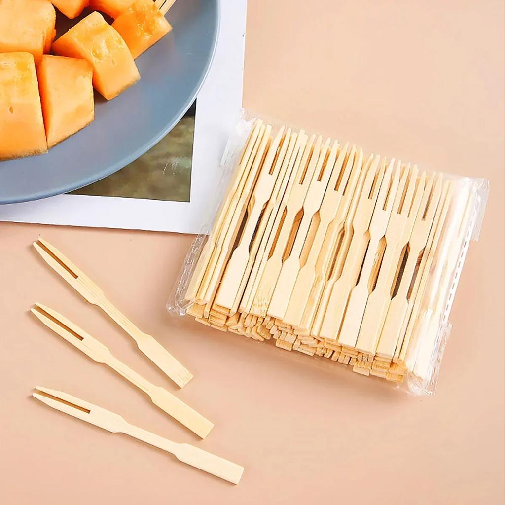 80pcs -Bamboo Disposable Wooden Fruit Fork Dessert Cocktail Set Party Home Household Decor Tableware Supplies