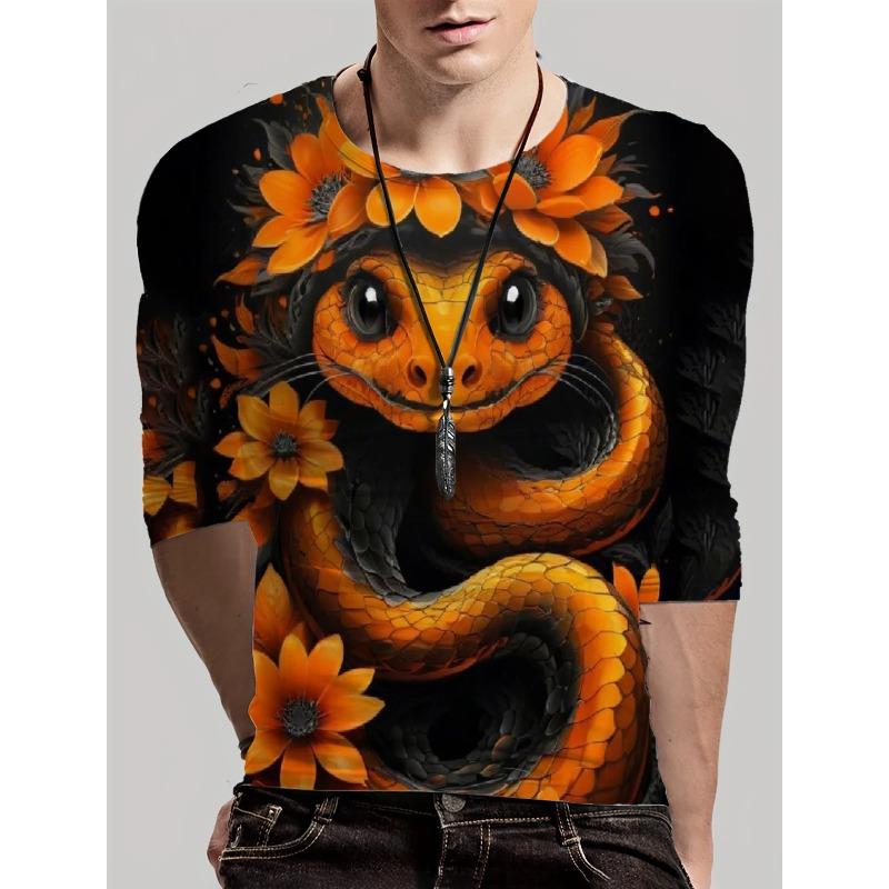 Round Neck 3D Snake Printed Top Casual Long Sleeved Men's T-shirts - Soft Medium Stretch Polyester Fabric Spring and Autumn Relaxed Fit Clothing