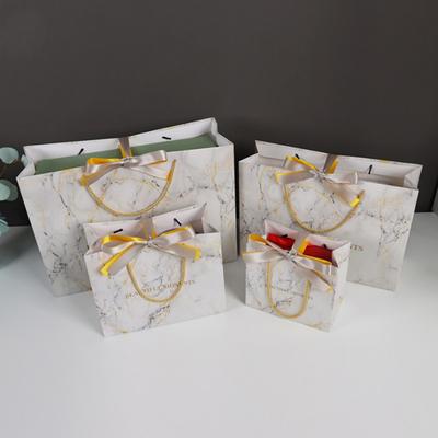 3pcsMarble Pattern Gift Bag Birthday Festival Party White Storage Tote Bag Gold Ribbon Baking Gift Packaging Paper Bag