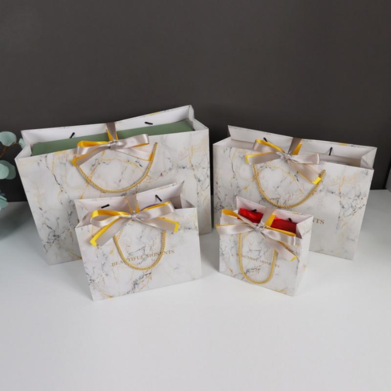 3pcsMarble Pattern Gift Bag Birthday Festival Party White Storage Tote Bag Gold Ribbon Baking Gift Packaging Paper Bag