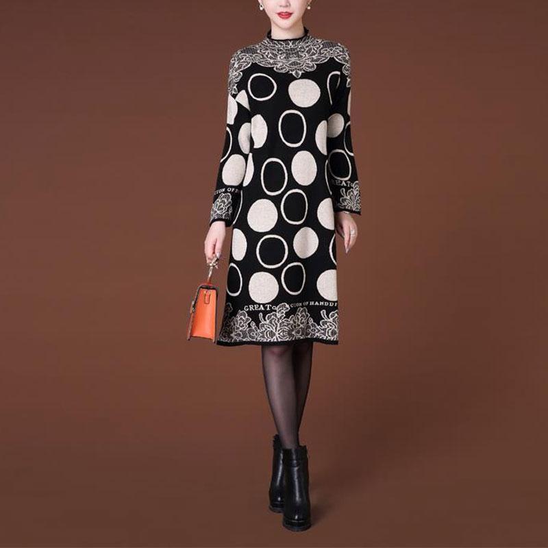 Fashion Vintage Printed Midi Dress Women's Long Sleeve Casual Polka Dot Autumn Winter Half High Collar Knitted