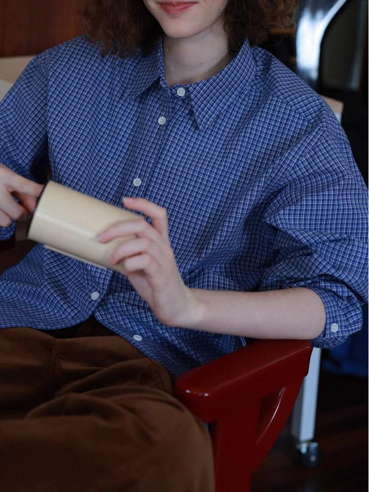 Miu Style Classic French Retro Blue Plaid Long-Sleeve Shirt for Spring and Autumn